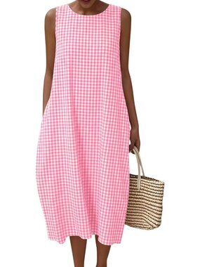 Women Dress Maxi Pink Plaid Crew Neck Short Sleeve Vacation Casual Summer